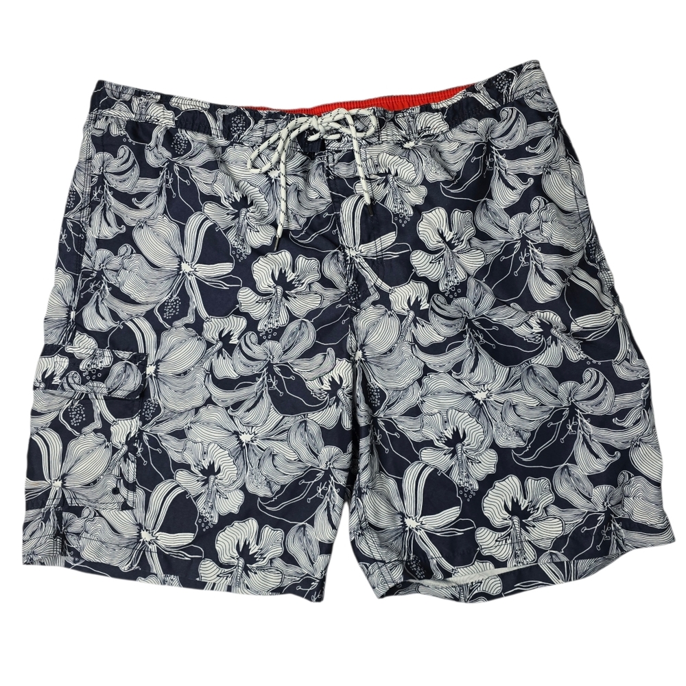 Goodfellow Swim Shorts with navy and white hibiscus print. 